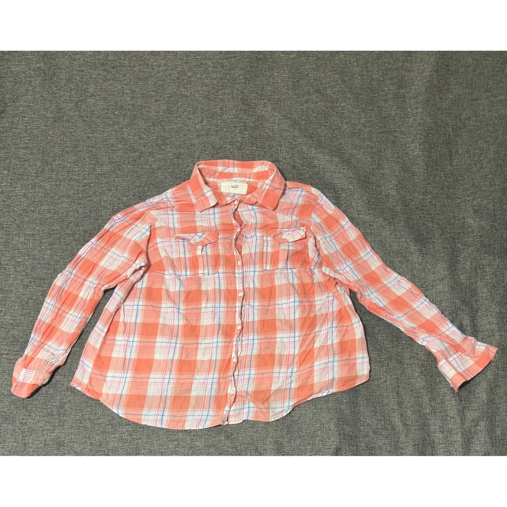 Sonoma Women's 2X Button Up Shirt Orange Plaid Long Sleeve Cotton